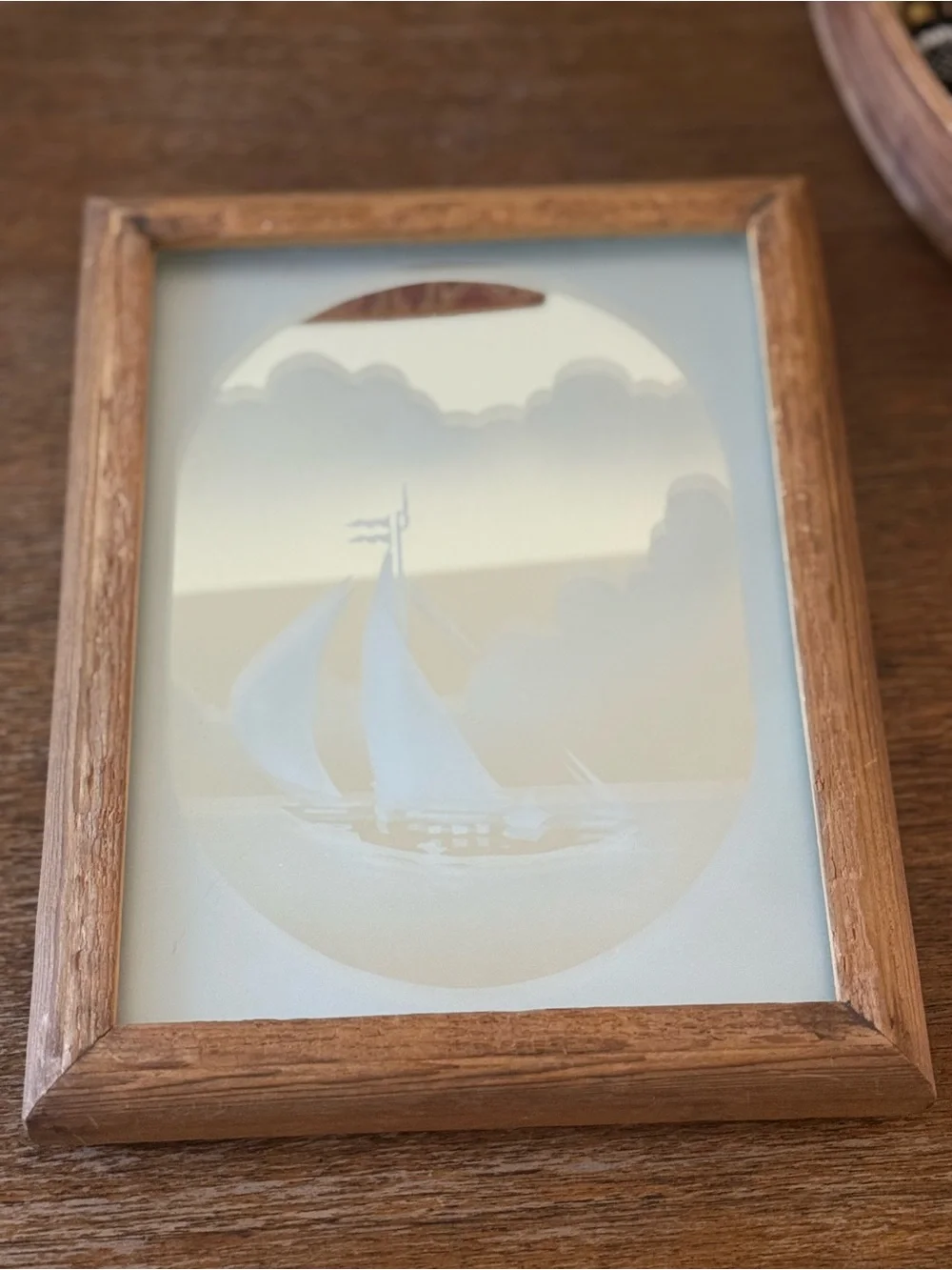 Vintage Brown Framed Etched Glass Sailboat Mirror